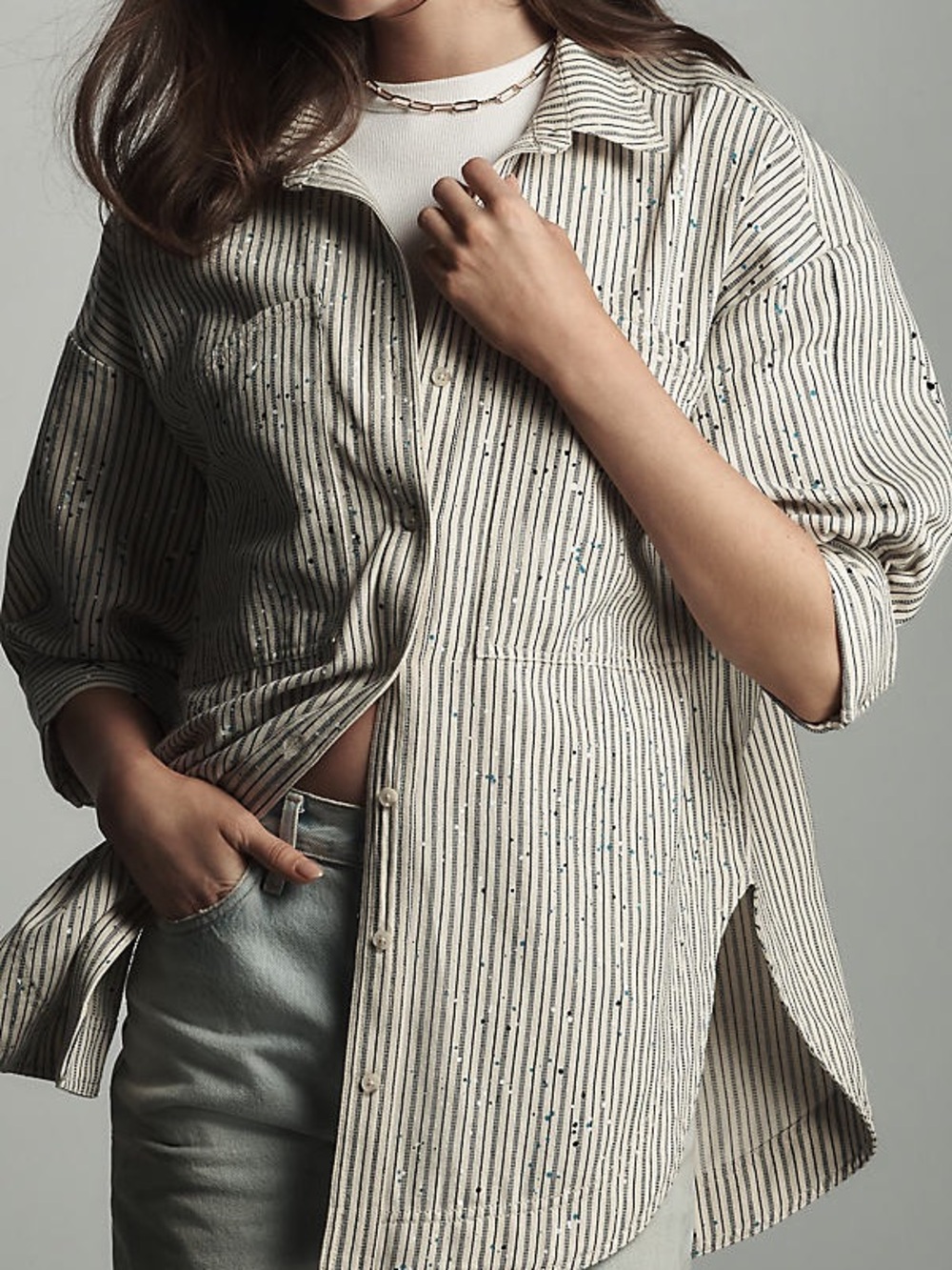 Pilcro Studio Smock Striped Button-Up Shirt Jacket with white and Blue Speckle